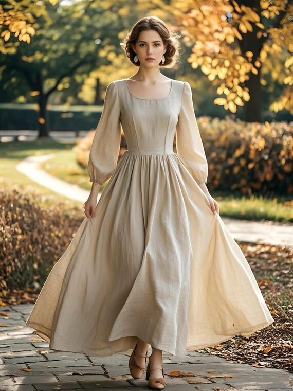 Romantic Linen Maxi Dress 3/4 Sleeve Square N...