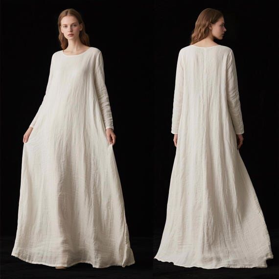 Oversized Linen Maxi Dress Loose Fit Long Sle...