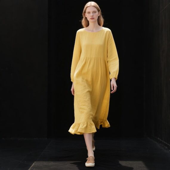Yellow Linen Midi Dress Long Sleeve Round Nec...