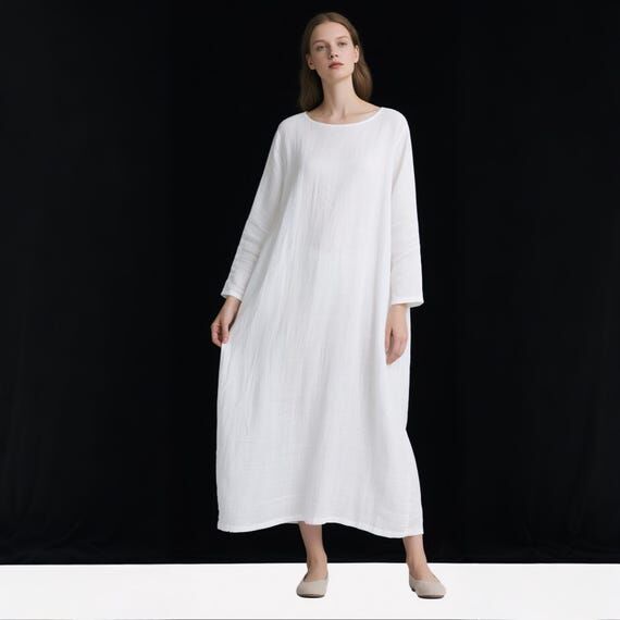 White Linen Dress Long Sleeve Loose Fit Maxi ...