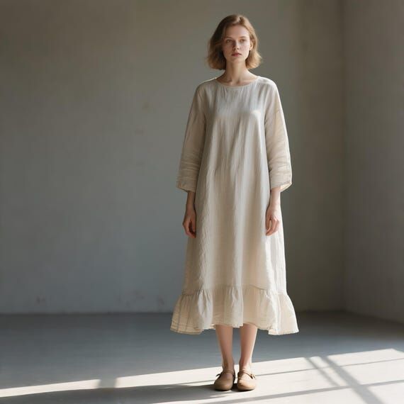 Autumn Linen Dress Long Sleeve Cottagecore Ru...