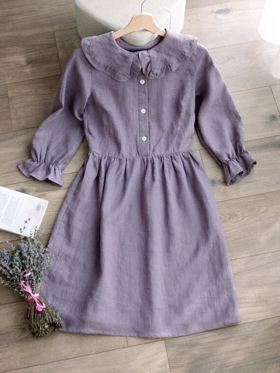 Vintage Linen Dress, Ruffle Collar Dress, Kne...