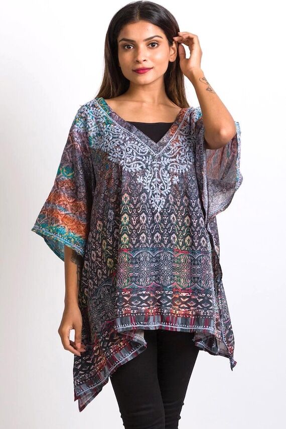 Gray Ranita Hand Embroidered Tops...