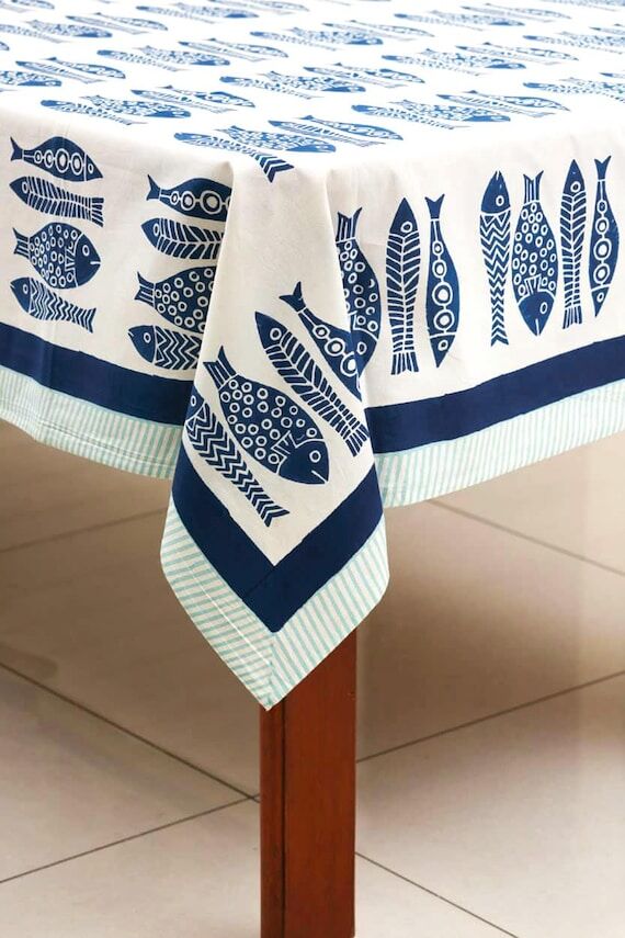 Navy Blue and White Fish Block Print Rectangl...