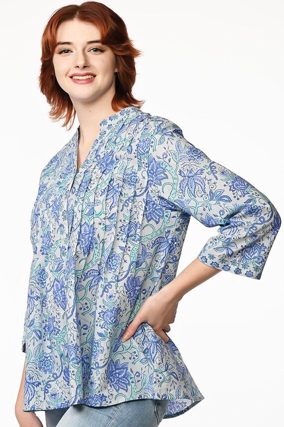 Sky Blue Tamira Block Print Tunic Tops...