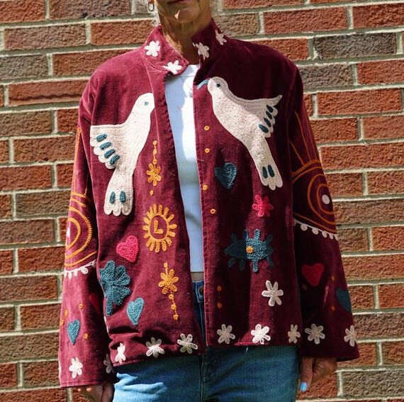 Maroon Hand Embroidered Suzani Velvet Jacket...