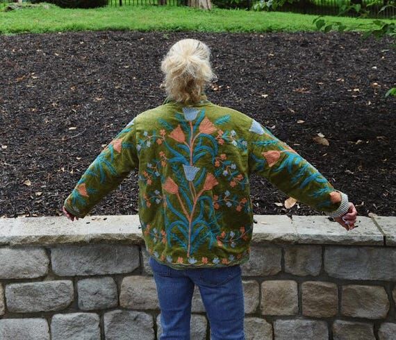 Green Hand Embroidered Suzani Velvet Jacket...