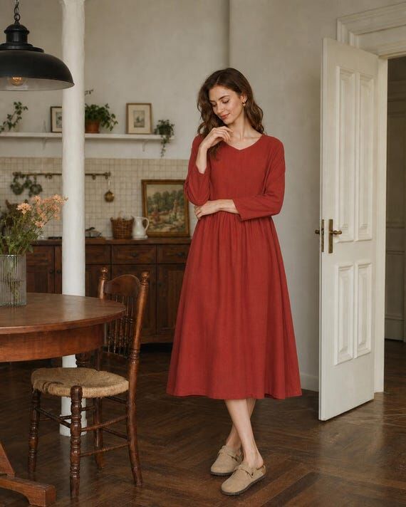 3/4 Sleeve Casual Cotton Linen Dress with Poc...