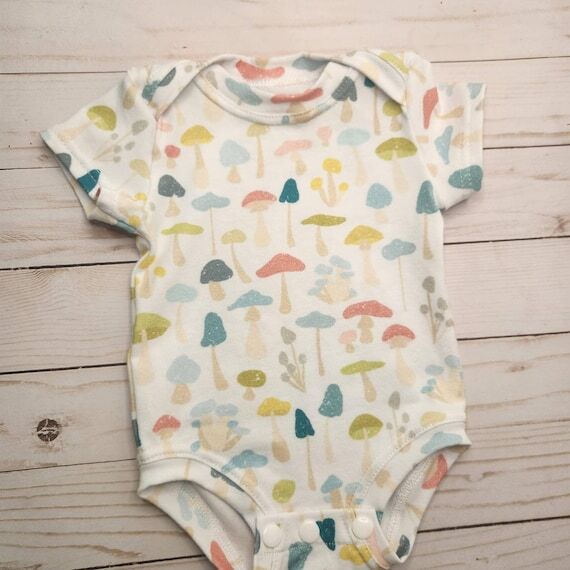 Handmade, spring mushroom bodysuit for infant...