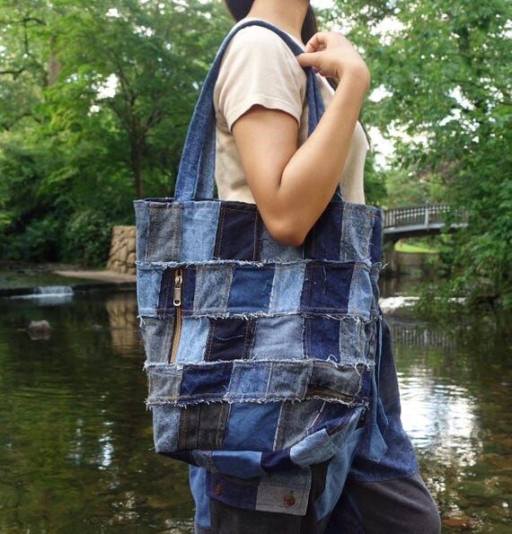 Upcycled Blue and Patchwork Denim Tote Bag w...