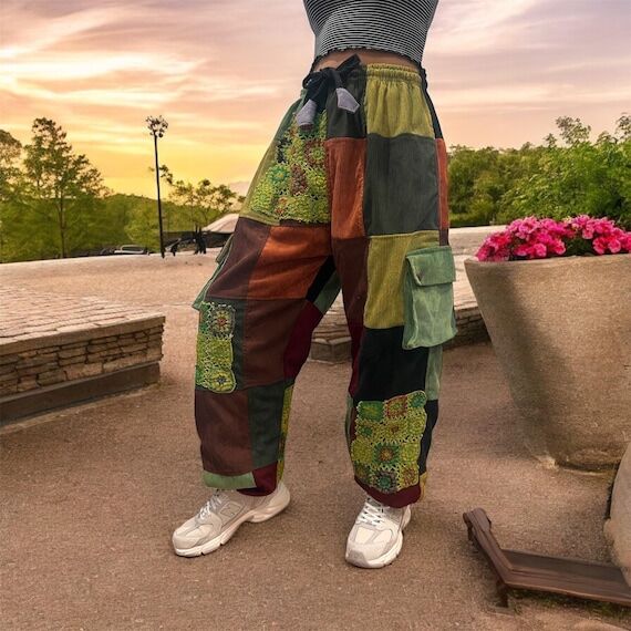 Corduroy Patchwork Pants | Handmade Green Cro...