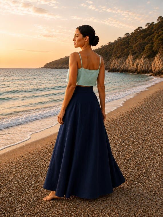 Navy Linen Victorian Maxi Skirt, Full Length,...