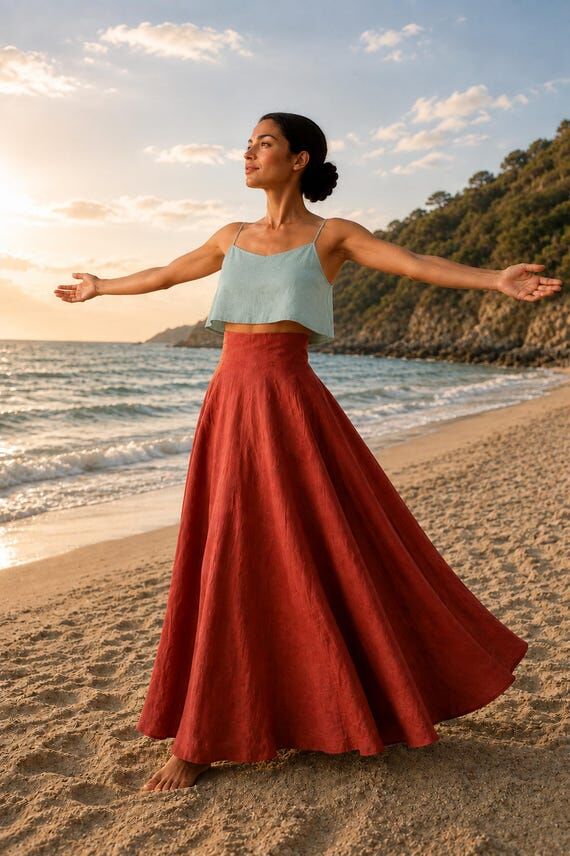 Terracotta Linen Maxi Skirt, Full Length Flar...