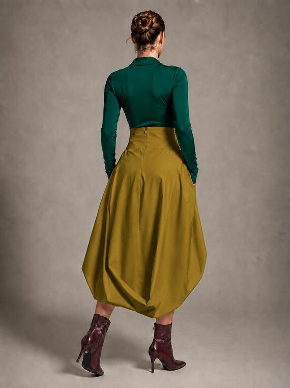 Black Cotton Asymmetric Balloon Midi Skirt, S...