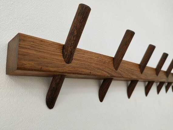 Fumed Oak Wood Wall Coat Rack: Towel Hanger, ...