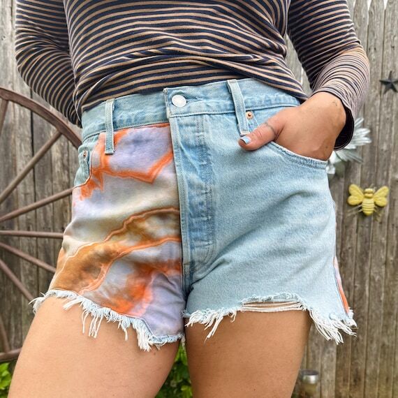 Tie Dye Patchwork Shorts Jean Cutoffs Denim D...