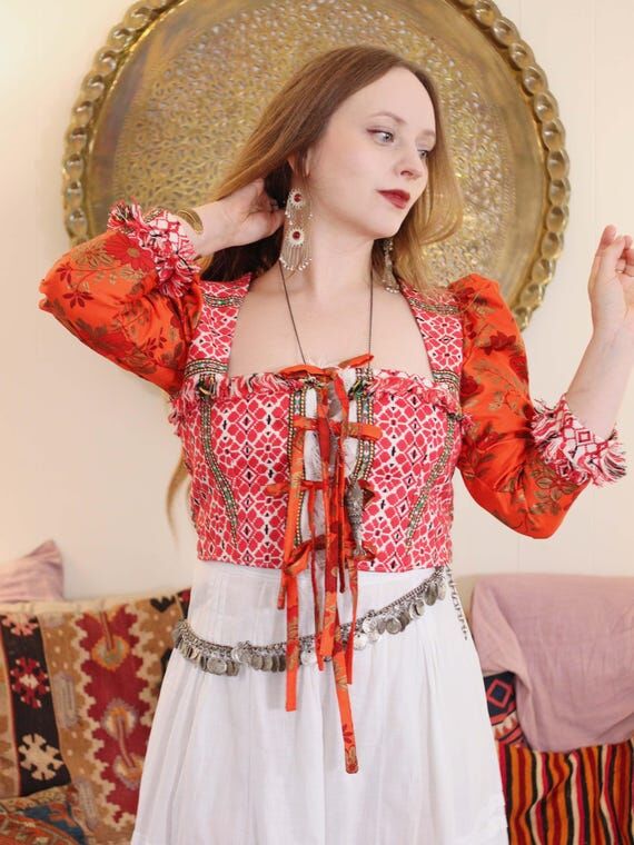 Woven Finge Tapestry Cropped Blouse Square Ne...