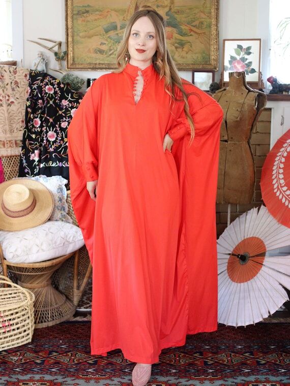Vintage 1970s Vibrant Red Nylon Maxi Kaftan D...