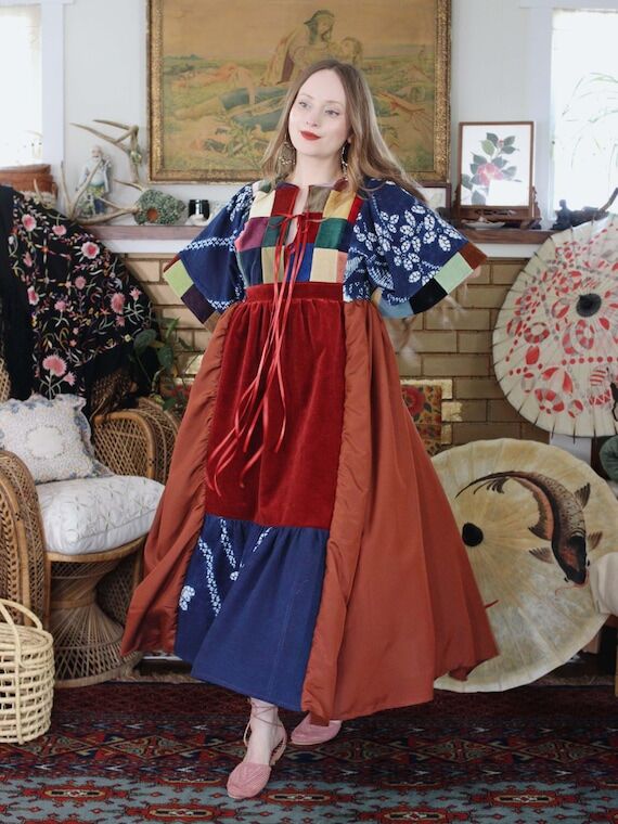 Bohemian Art Dress Handmade Dress Vintage Vel...