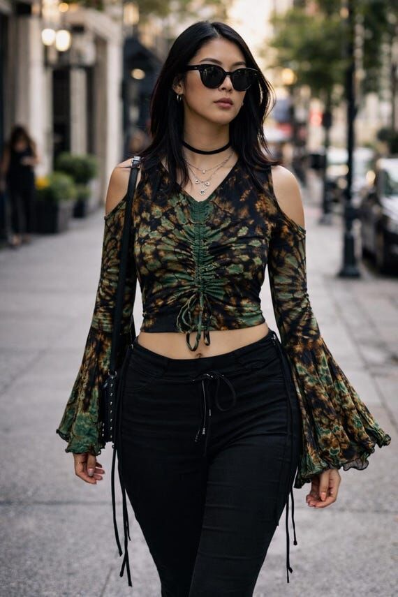 Tie Dye Crop Top, Open Back Bell Sleeve Festi...