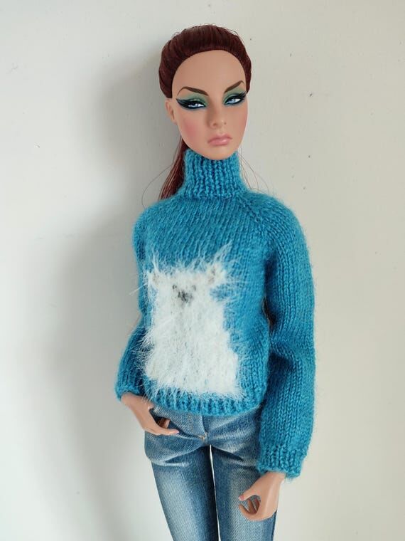 Hand Knitted Fluffy Bear Blue Sweater Doll Cl...