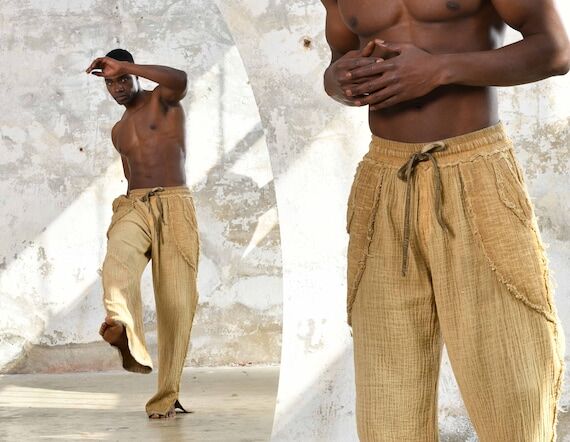 Mens Muslin Cotton Boho Trousers: Desert Sand...