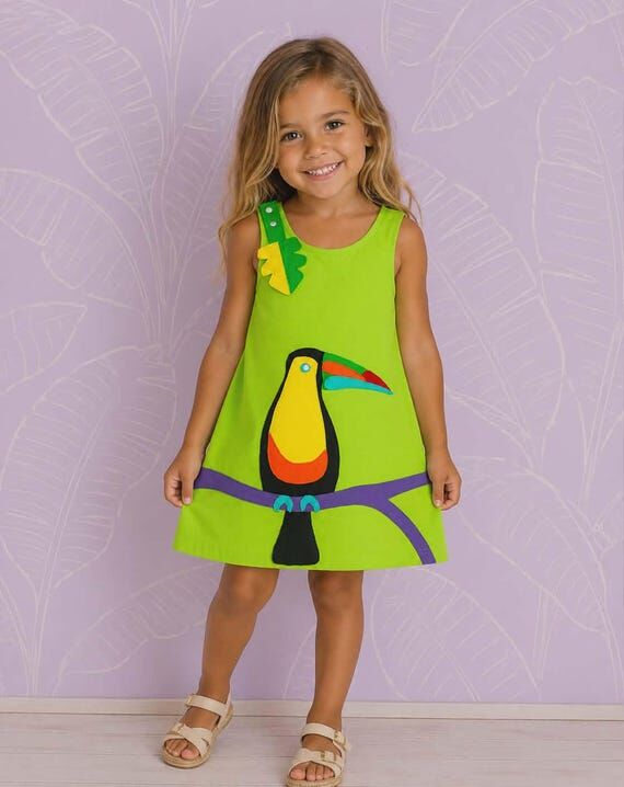 Girls Toucan Dress, Handmade Appliqued 100% C...