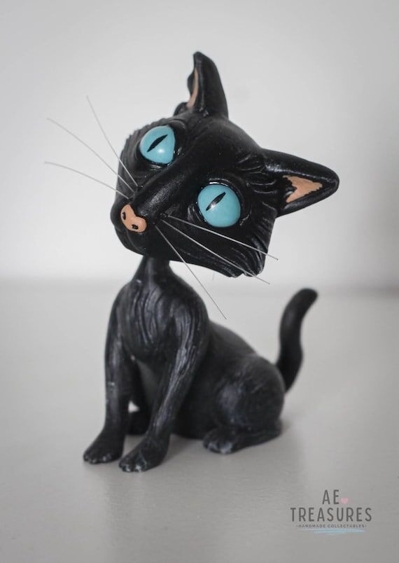 Handmade Black Cat Clay Sculpture / Whimsical...