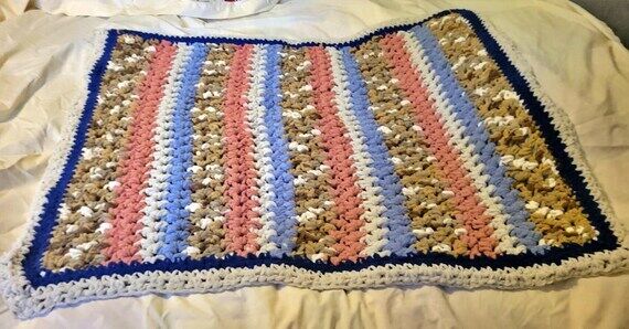Handmade Crocheted Blanket , coral, dark blue...