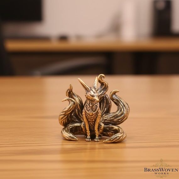 Mini Brass Nine Tailed Fox Figurine Feng Shui...