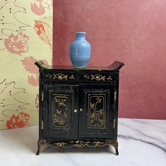 Vintage Dollhouse Cabinet with Blue Vase | Mi...
