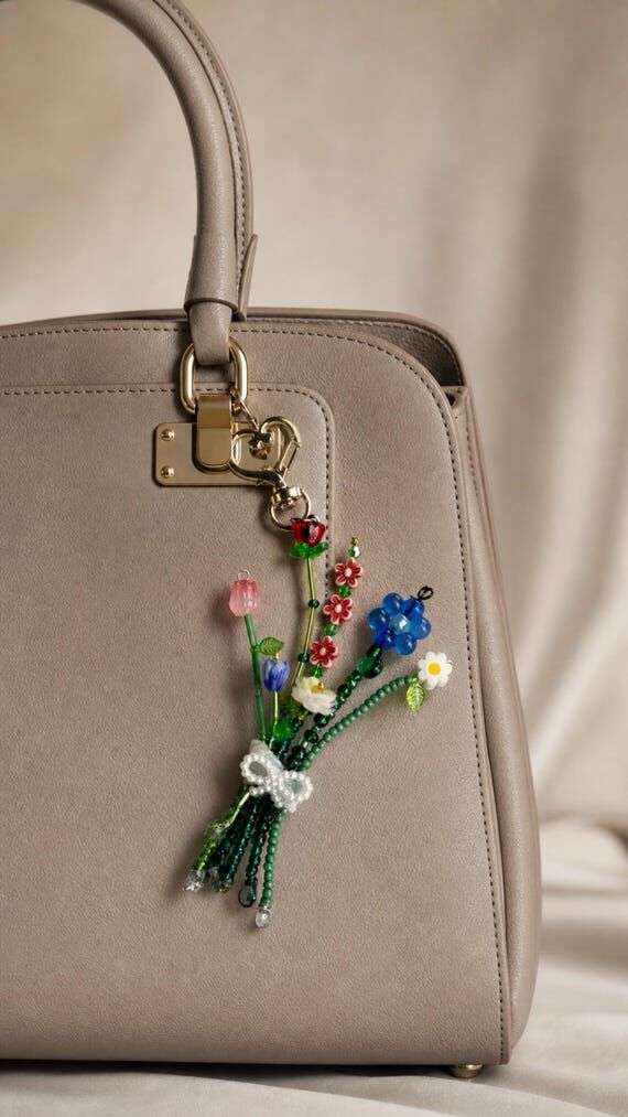Beaded Flower Bouquet Bag Charm, Handmade Flo...