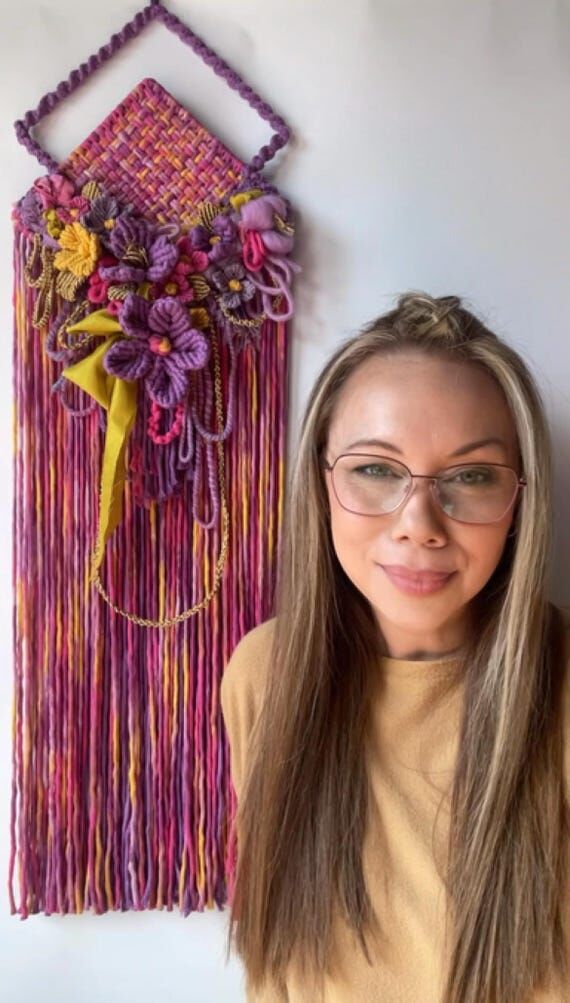 Floral Macrame Wall Hanging: Hand-Painted Cot...
