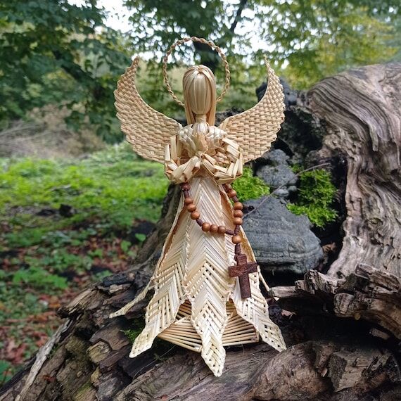 Praying Straw Angel Tree Topper, Handmade Ros...