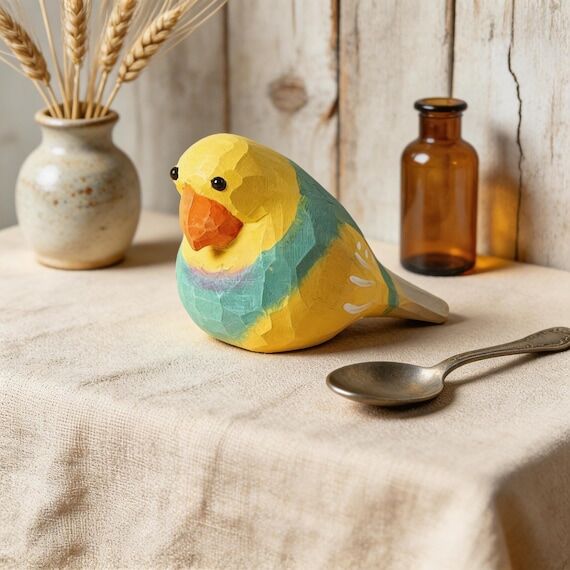 Handmade Wooden Bird Decor, Small Budgie Figu...