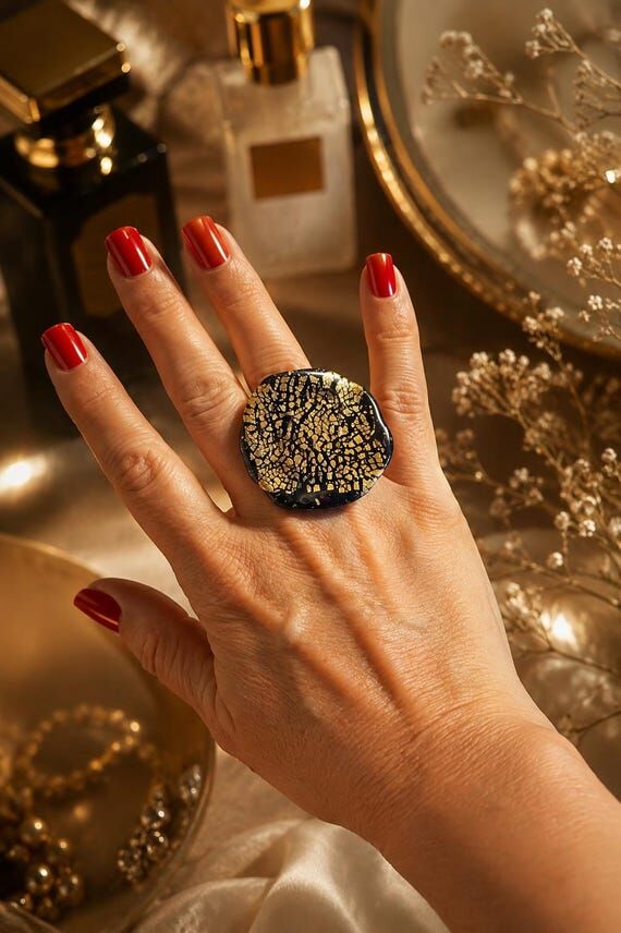 Black Gold Statement Ring, Handmade Polymer C...
