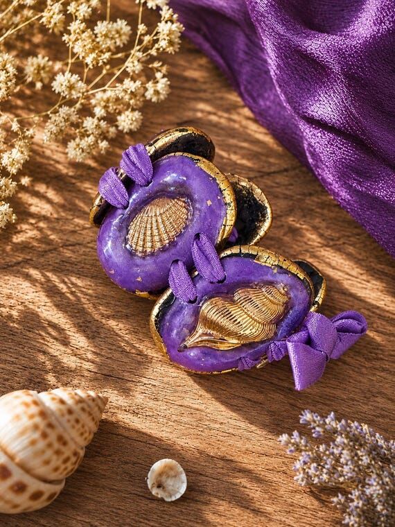 Shell Statement Bracelet, Purple and Gold Bra...