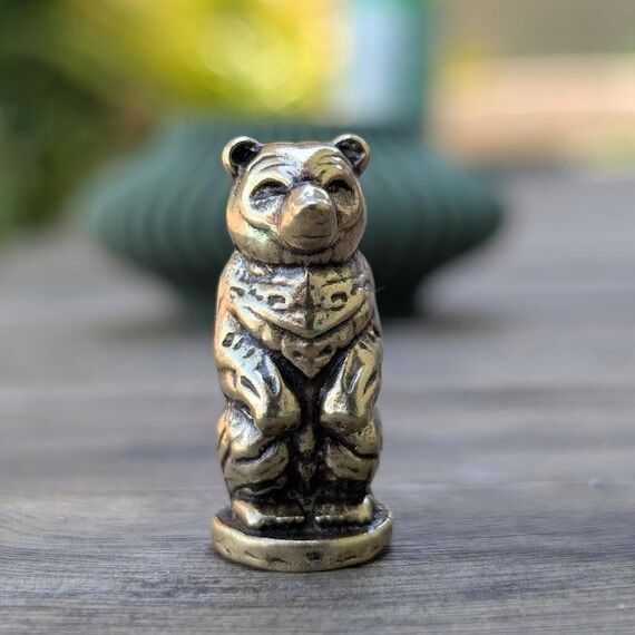 Brass Bear with Log Totem Miniature Sculpture...
