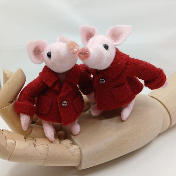 Handmade wool felt pig in red jacket, cottage...