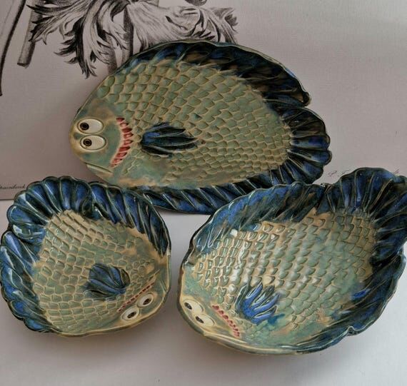 Handmade Fish Glazed Pottery Set of 2 / Vinta...