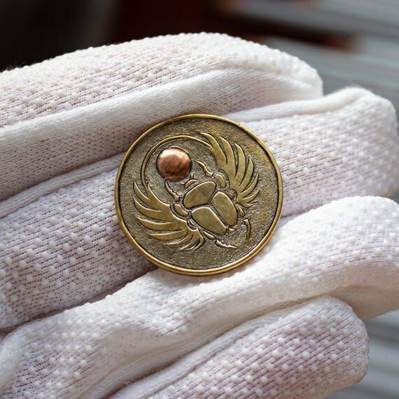 Hand Carved Brass Scarab Beetle Coin with Cop...