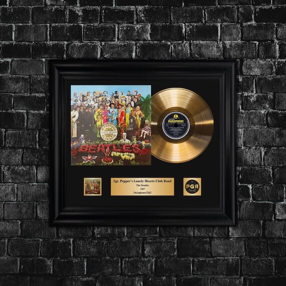Framed Beatles Sgt. Pepper Gold Vinyl Record,...