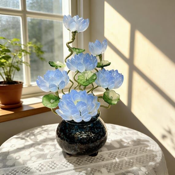 Handmade Blue Glass Flower with Pot, Lotus St...
