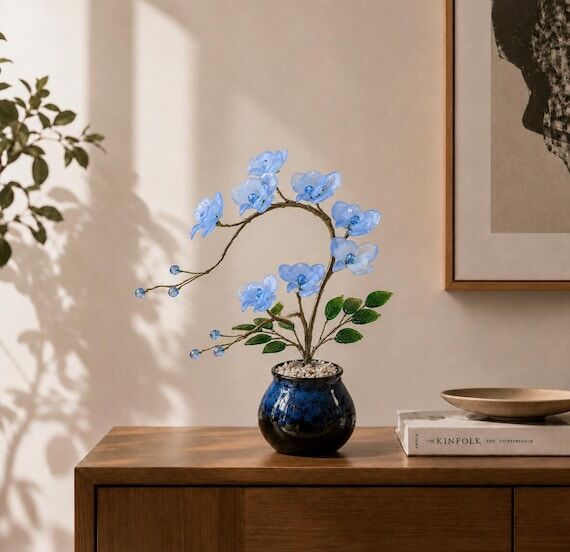 Blue Orchid Glass Flower Plant, Handmade Glas...