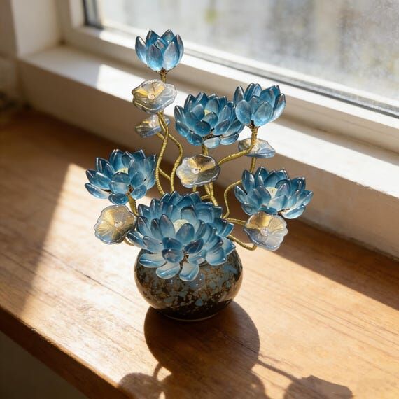 Handmade Blue Glass Lotus Flower Decor with V...