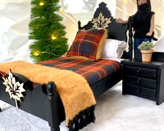 Handmade Dressed Dollhouse Bed, Twin, 1:12, A...