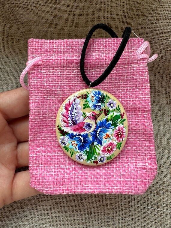 Ukrainian Painted Bird & Flowers Pendant, Sum...
