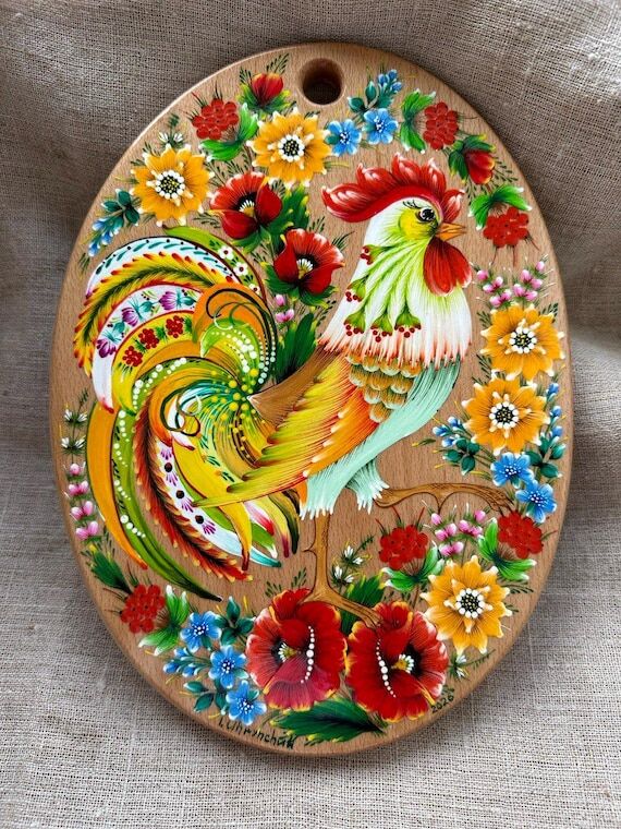 Hand-Painted Wooden Cutting Board, Rooster, P...