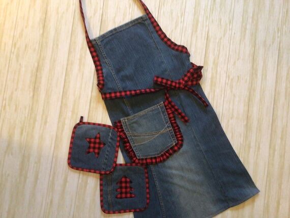 Denim Farmhouse Apron Set, Red Buffalo Plaid ...