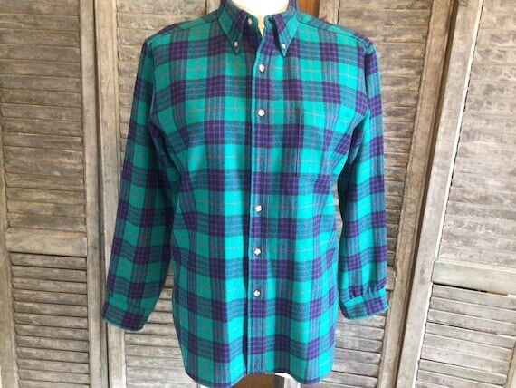 Vintage Pendleton Wool Teal Plaid Shirt Men...